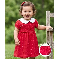 Babyhug Single Jersey Knit Half Sleeves Smocked Frock with Polka Dot Print & Bloomer - Dark Pink
