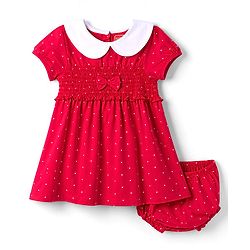 Babyhug Single Jersey Knit Half Sleeves Smocked Frock with Polka Dot Print & Bloomer - Dark Pink