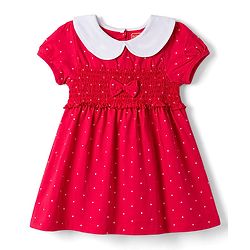 Babyhug Single Jersey Knit Half Sleeves Smocked Frock with Polka Dot Print & Bloomer - Dark Pink