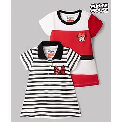 Babyhug Disney Single Jersey Pique Knit Half Sleeve Dresses With Minnie Mouse Graphic & Sequin Detailing Bow Applique Pack of 2 - White & Red
