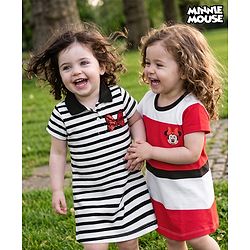 Babyhug Disney Single Jersey Pique Knit Half Sleeve Dresses With Minnie Mouse Graphic & Sequin Detailing Bow Applique Pack of 2 - White & Red