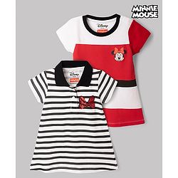 Babyhug Disney Single Jersey Pique Knit Half Sleeve Dresses With Minnie Mouse Graphic & Sequin Detailing Bow Applique Pack of 2 - White & Red