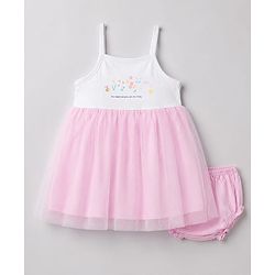 Babyhug Mesh Knit Sleeveless Bees & Floral Printed Frock With Bloomer - Pink
