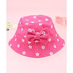 Babyhug Twill Woven Floral Printed Bucket Cap With Bow Applique Dark Pink - Diameter 16 cm