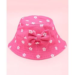 Babyhug Twill Woven Floral Printed Bucket Cap With Bow Applique Dark Pink - Diameter 16 cm