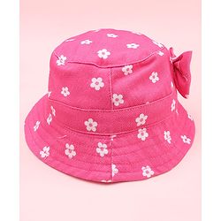 Babyhug Twill Woven Floral Printed Bucket Cap With Bow Applique Dark Pink - Diameter 16 cm