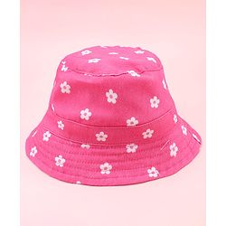 Babyhug Twill Woven Floral Printed Bucket Cap With Bow Applique Dark Pink - Diameter 16 cm