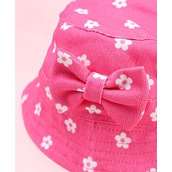Babyhug Twill Woven Floral Printed Bucket Cap With Bow Applique Dark Pink - Diameter 16 cm