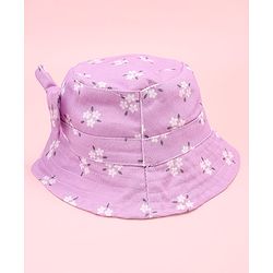 Babyhug Twill Woven Floral Printed Bucket Cap With Bow Applique Lavender - Diameter 16 cm