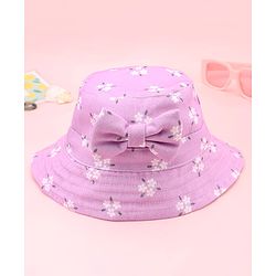 Babyhug Twill Woven Floral Printed Bucket Cap With Bow Applique Lavender - Diameter 16 cm