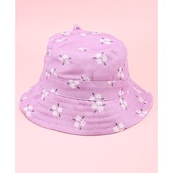 Babyhug Twill Woven Floral Printed Bucket Cap With Bow Applique Lavender - Diameter 16 cm