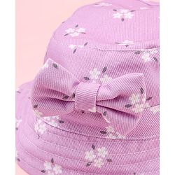 Babyhug Twill Woven Floral Printed Bucket Cap With Bow Applique Lavender - Diameter 16 cm