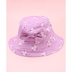 Babyhug Twill Woven Floral Printed Bucket Cap With Bow Applique Lavender - Diameter 16 cm