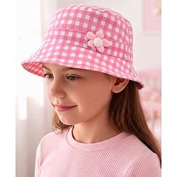 Babyhug Twill Woven Checks Bucket Hat With Floral Applique Pink - Diameter 17 cm