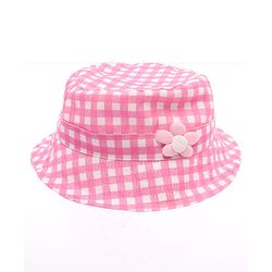 Babyhug Twill Woven Checks Bucket Hat With Floral Applique Pink - Diameter 17 cm