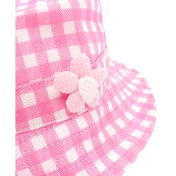 Babyhug Twill Woven Checks Bucket Hat With Floral Applique Pink - Diameter 17 cm