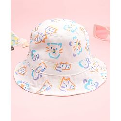 Babyhug Twill Woven Animal Printed Bucket Cap White - Diameter 16 cm