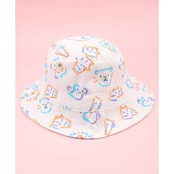 Babyhug Twill Woven Animal Printed Bucket Cap White - Diameter 16 cm