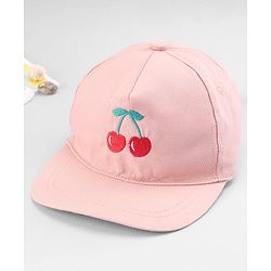 Babyhug Twill 100% Cotton Woven Baseball Cap with Cherry Embroidery Pink - Diameter 18 cm