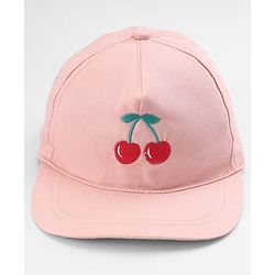 Babyhug Twill 100% Cotton Woven Baseball Cap with Cherry Embroidery Pink - Diameter 18 cm