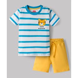 Babyhug Single Jersey Knit Half Sleeves Striped T-Shirt & Shorts With Tiger Print - Multicolor