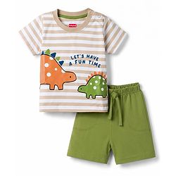 Babyhug 100% Cotton Knit Half Sleeves Striped & Dino Printed T-Shirt & Shorts Set - Multicolor