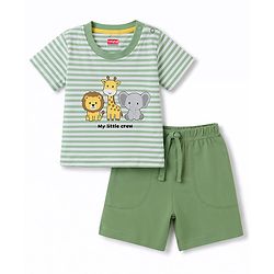 Babyhug 100% Cotton Knit Half Sleeves Striped & Animal Printed T-Shirt & Shorts Set - Green