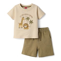 Babyhug Single Jersey Knit Half Sleeves T-Shirt & Shorts Set with Animal Print - Light Brown & Green