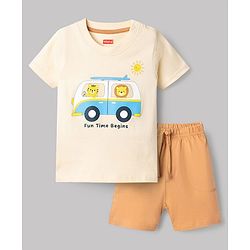 Babyhug Single Jersey Knit Half Sleeves T-Shirt & Shorts Set With Van & Animal Print - Brown