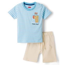 Babyhug 100% Cotton Knit Half Sleeves Animal & Striped T-Shirt & Shorts Set - Light Blue