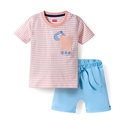 Babyhug 100% Cotton Knit Half Sleeves Vehicles Printed & Striped T-Shirt & Shorts Set - Peach & Light Blue