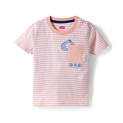 Babyhug 100% Cotton Knit Half Sleeves Vehicles Printed & Striped T-Shirt & Shorts Set - Peach & Light Blue