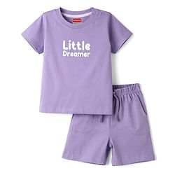 Babyhug Single Jersey Knit Half Sleeves T-Shirt & Shorts Set with Little Dreamer Print - Purple