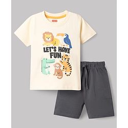 Babyhug Single Jersey Knit Half Sleeves T-Shirt & Shorts Set With  Animal Print - Grey
