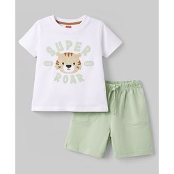 Babyhug Single Jersey Knit Half Sleeves T-Shirt & Shorts Set with Tiger Print - White & Green