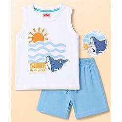 Babyhug Single Jersey Knit Sleeveless Sea Life Printed Tank T-Shirt & Shorts Set - White & Light Blue