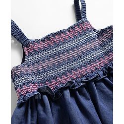 Babyhug Woven Sleeveless Solid Denim Frock With Smock Detailing - Blue