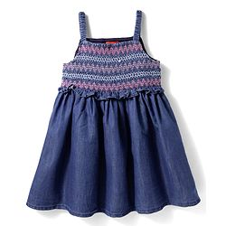 Babyhug Woven Sleeveless Solid Denim Frock With Smock Detailing - Blue