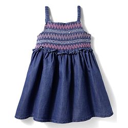 Babyhug Woven Sleeveless Solid Denim Frock With Smock Detailing - Blue