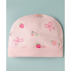 Babyhug 100% Cotton Interlock Knit Cap Mittens & Booties With Floral Bow & Strawberry Print Multicolor - Diameter 16 cm