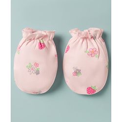 Babyhug 100% Cotton Interlock Knit Cap Mittens & Booties With Floral Bow & Strawberry Print Multicolor - Diameter 16 cm