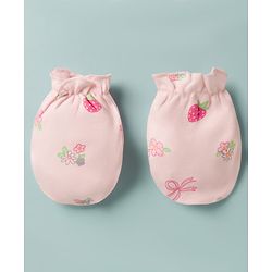 Babyhug 100% Cotton Interlock Knit Cap Mittens & Booties With Floral Bow & Strawberry Print Multicolor - Diameter 16 cm
