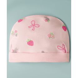 Babyhug 100% Cotton Interlock Knit Cap Mittens & Booties With Floral Bow & Strawberry Print Multicolor - Diameter 16 cm