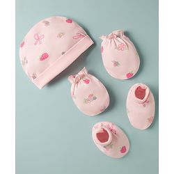 Babyhug 100% Cotton Interlock Knit Cap Mittens & Booties With Floral Bow & Strawberry Print Multicolor - Diameter 16 cm