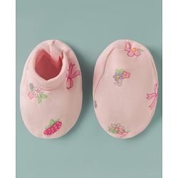 Babyhug 100% Cotton Interlock Knit Cap Mittens & Booties With Floral Bow & Strawberry Print Multicolor - Diameter 16 cm