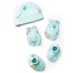 Babyhug 100% Cotton Knit Bear Printed Cap Mittens & Booties Set Multicolor - Diameter 10 cm