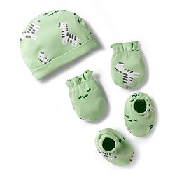 Babyhug 100% Cotton Knit Zebra Printed Cap Mittens & Booties Set Light Green - Diameter 16 cm