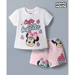 Babyhug Disney Single Jersey Knit Half Sleeves T-Shirt & Shorts Night Suit with Minnie Mouse Graphics - White