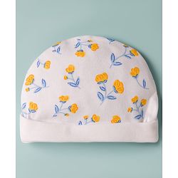 Babyhug 100% Cotton Knit Floral Printed Cap Mittens & Booties Set White - Diameter 16 cm