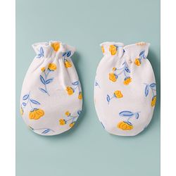Babyhug 100% Cotton Knit Floral Printed Cap Mittens & Booties Set White - Diameter 16 cm
